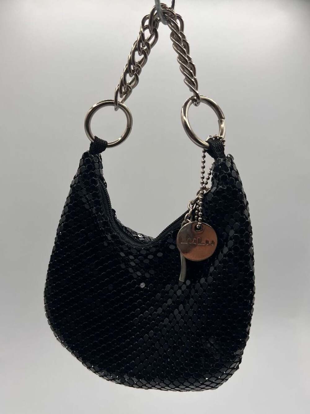 Lulu Black Mesh Mini Handbag With Chain Strap